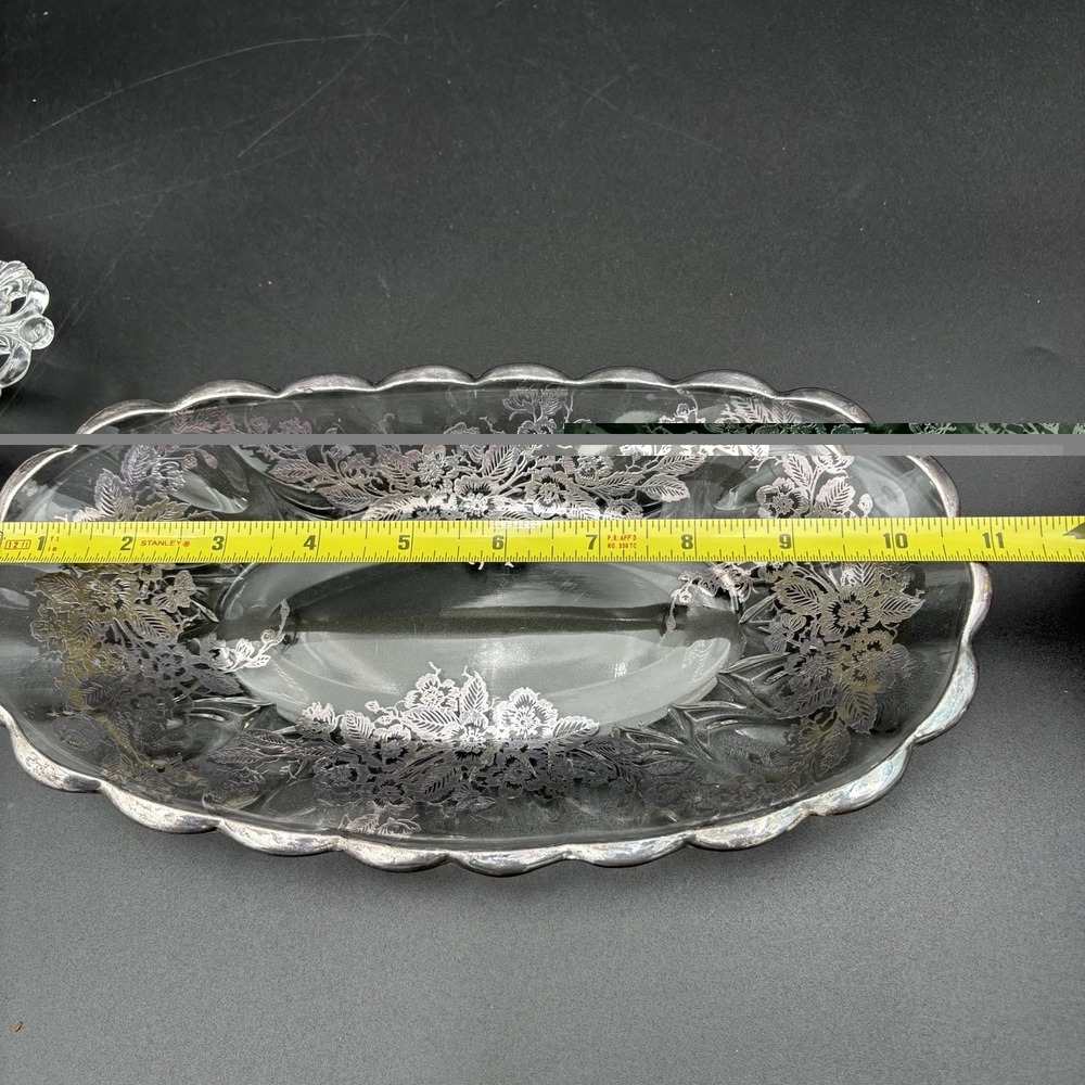 Set Silver City Glass Flanders Poppy Divided Relish & 11" Oval Dish Silver Leaf - Picture 8 of 14